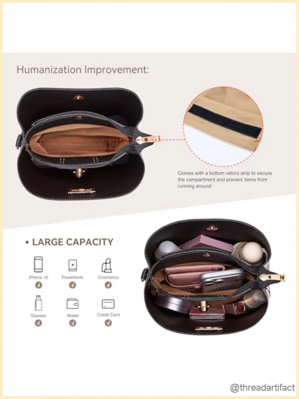 Faux Leather Bucket Crossbody Bag with Multi Pockets